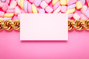 A colorful arrangement of pastel marshmallows surrounds a blank card, complemented by a golden rope, set against a vibrant pink background.