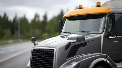Close up view of a modern grey truck cab featuring a yellow sun visor with orange beacon lights parked beside a highway with blurred trees