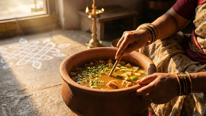 Close-Up of Woman Stirring Ugadi Pachadi in Clay Pot with Traditional Decor