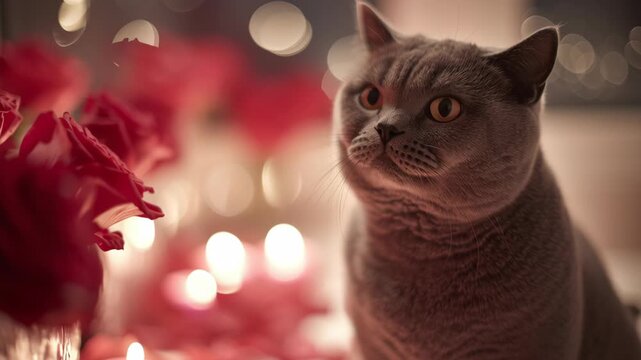 Valentine's day.Romantic gray feline pet cat with red rose flower bouquet and candle cozy warm home interior, dreamy valentine animal mammal scene with soft bokeh light and gentle love holiday