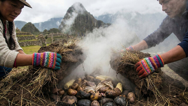 Traditional Peruvian Pachamanca Cooking with Steam in Mountain Setting