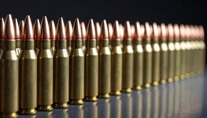A row of shiny brass cartridges with copper tips aligned on a dark, reflective surface