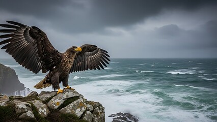 Majestic eagle spreading wings over stormy sea