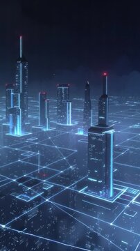A futuristic city glows under a twilight sky  its towering skyscrapers interconnected by shimmering blue data streams %E2%80%94 a digital metropolis alive with intelligence  innovation  and the seamle