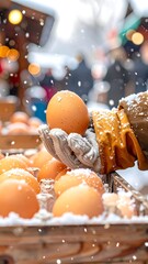 Snowy market scene featuring gloved hand holding an egg above a box of eggs with blurred lights and people in the background