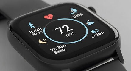 Smart watch display showing health tracking data including heart rate bpm steps count sleep duration and battery percentage level on modern digital fitness device