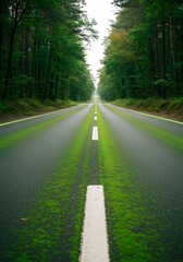 Fototapeta premium Verdant embrace a road overtaken by nature with moss and green trees