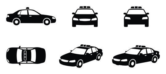 Black silhouettes of police car in different angles perfect for creative design project at work © GoDesigner
