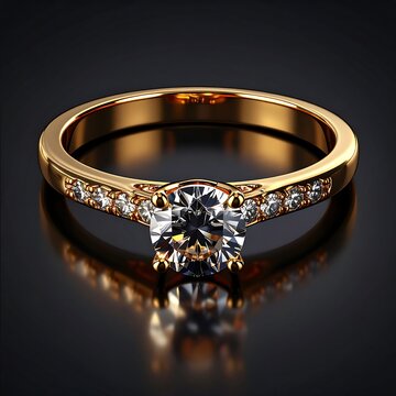 A luxurious gold ring with a large central diamond and smaller diamonds on the band