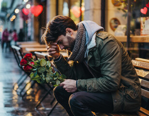 A young man sitting on the bench on valentine day feb. 14,  2026