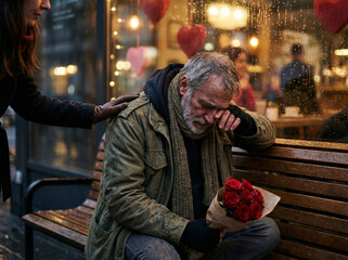 A young man sitting on the bench on valentine day feb. 14,  2026