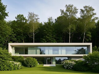 Modern house facade seamlessly integrated with surrounding lush greenery