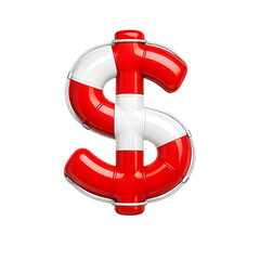 Red and white lifebuoy shaped as a dollar sign, isolated on transparent background.