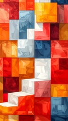 Abstract tiled squares, with a staircase. Warm and cool colors are interspersed, creating a vibrant mosaic