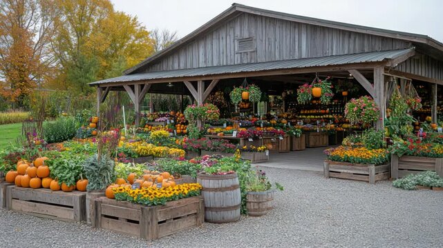 A farm stand brimming with seasonal produce, showcasing pumpkins, flowers, and gourds beneath a wooden structure