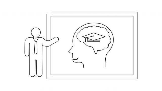 Education Concept - Continuous Line Drawing of Teacher and Brain.