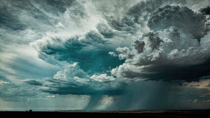 Dramatic ominous storm cloud formation in dark sky. Powerful weather over landscape with falling rain evokes sense of awe and danger