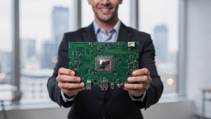 Proud smiling businessman holding large green circuit board with chip. man in an office showing new technology hardware, an innovation