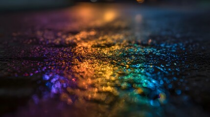 Vibrant colorful light reflections shimmering on a wet urban street
