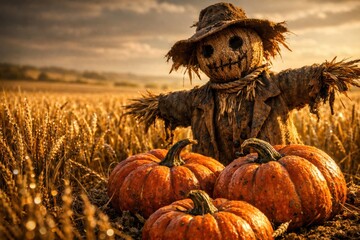 Rustic Autumn Scene with Burlap Scarecrow and Ripe Pumpkins in a Wheat Field at Sunset
