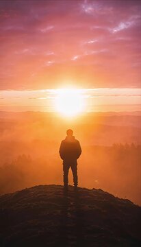 Sunset sunrise silhouette person video landscape mountain hill 4k sky abstract glow warm light peaceful view adventure freedom dramatic colorful cloud warm golden light horizon emotion lone figure