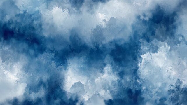 An abstract, watercolor-style composition of layered blues and whites, evoking clouds