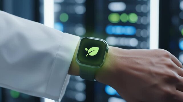 Close Up Scientist's Wrist With Smartwatch Displaying Green Leaf Logo