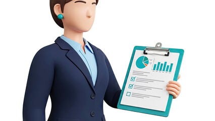 Businesswoman holding a clipboard with financial charts and checklist