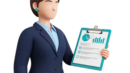 Businesswoman holding a clipboard with financial charts and checklist