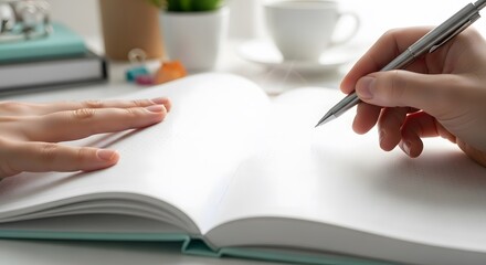 Close up of person writing in notebook with pen, focus on hands and open blank journal page, ideal for education, creativity, and journaling themes