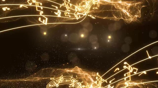 Golden Musical Notes with Glowing Particles and Shimmering Wave Background in Luxury Elegant Style
