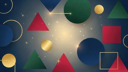 A colorful geometric pattern with red, green, and blue shapes and gold accents on a dark background.
