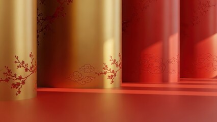 Golden and red columns with floral patterns and shadows on a red background.