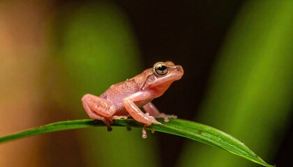 Obraz premium Bright pink frog sits on green leaf during sunny day in a forest habitat