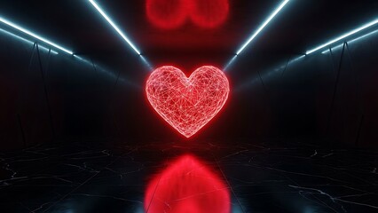 Futuristic digital love concept with a glowing red wireframe neon heart in a dark high-tech room with blue laser lights