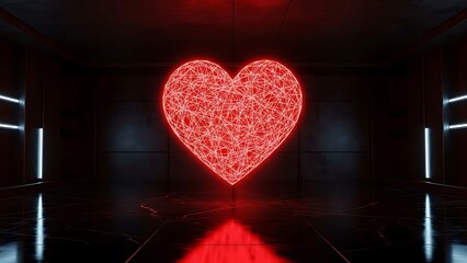Glowing red digital heart made of light lines floating in a symmetrical futuristic corridor with dark reflective floors