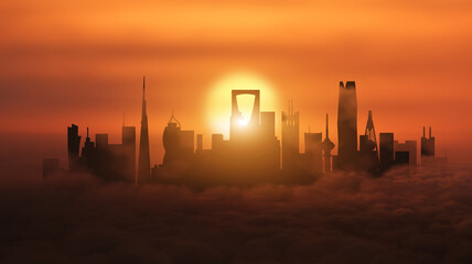 Golden Hour Cityscape Above the Clouds . Landmarks of Riyadh, Saudi Arabia emerge from the clouds...