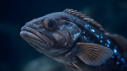 Fototapeta premium A close up portrait of a deep sea fish exhibiting vibrant bioluminescent spots showcasing its intricate details in a dark aquatic environment