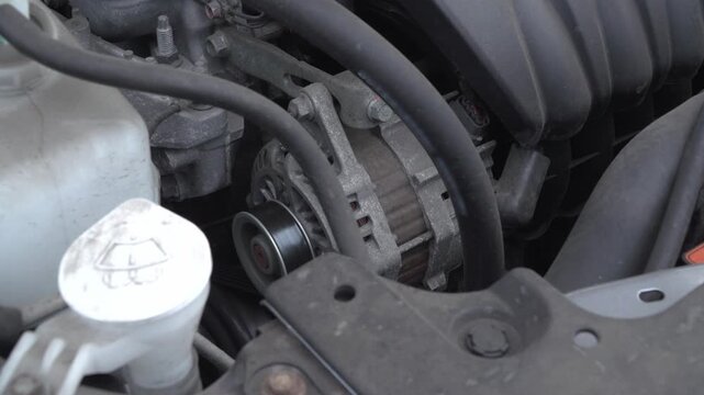 car startup of a four-cylinder gasoline engine in a car engine bay. engine during operation. moment of ignition, characterized by the mechanical sound of the starter 