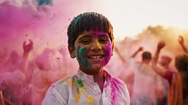 A young boy's joyful smile, adorned with vibrant colorful powder, shines brightly amidst a lively cultural festival celebration, reflecting happiness and tradition
