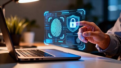 Hand interacting with digital fingerprint and lock - Powered by Adobe