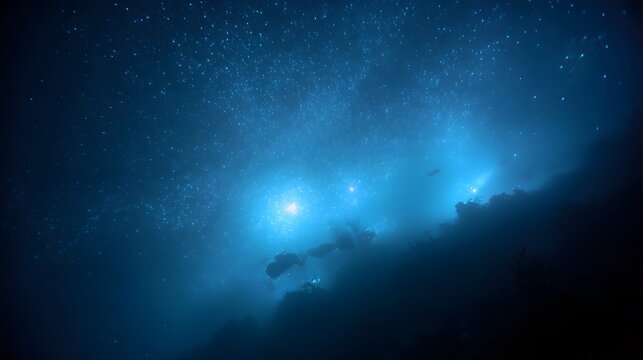 Scuba divers explore a mysterious bioluminescent deep sea abyss resembling a starry night sky