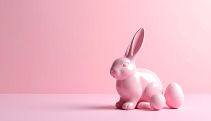 Obraz premium A shiny pink rabbit sits on a pink surface against a pink background