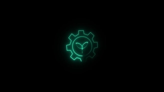 Glowing red neon gear logo with tropical palm tree design on black background for innovation and automation,4k motion video..