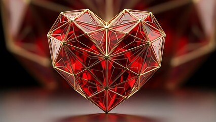 Close up of a faceted ruby heart with internal reflections and a protective gold geometric frame for luxury gift concept