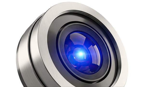 Close-up of a Modern Camera Lens with Blue Light Reflection
