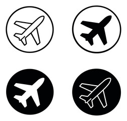 Graphic airplane icon set featuring outline and solid airplane symbols in circles for travel and aviation