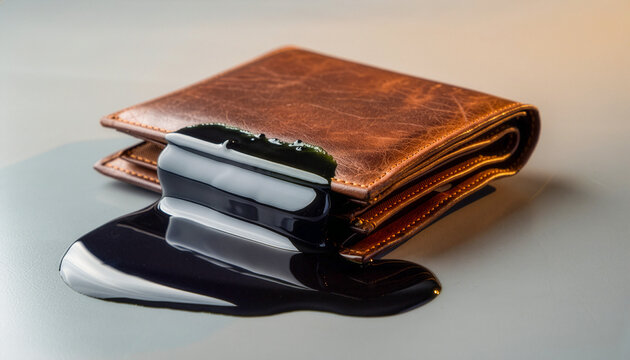 Leather wallet melting into black liquid oil sludge
