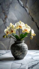Cream orchids in a decorative dark pot on a marble surface against a gray and white patterned background