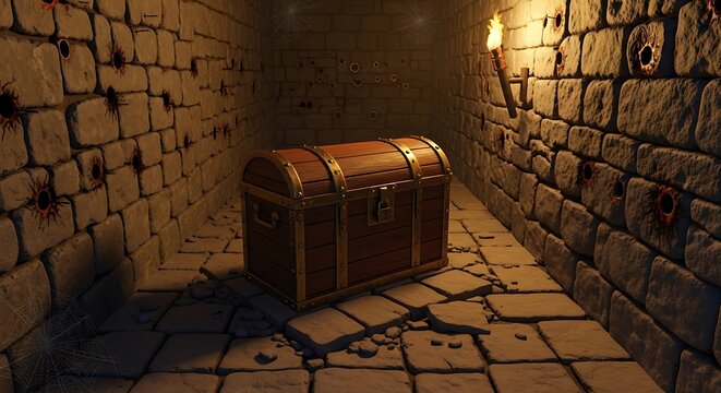 A treasure chest sitting on a slightly depressed stone tile, surrounded by barely visible holes in the wall for darts, in a booby-trapped corridor